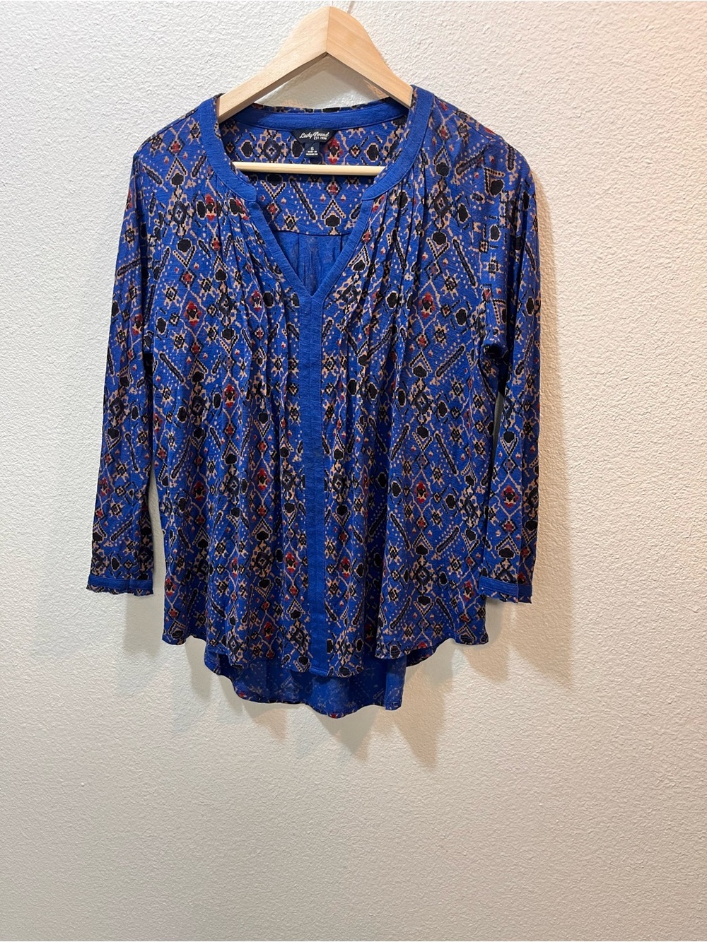Blue Printed Long-Sleeve V-Neck Top
